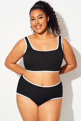 Black Square Neck Bikini Top with White Trim
