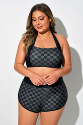Black Check Straight Neck Halter Bikini Top
