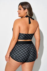 Black Check Straight Neck Halter Bikini Top