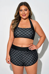Black Check Straight Neck Halter Bikini Top