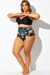 Black Floral Print Elegant High Waist Swim Brief