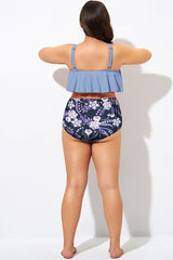 Blue Floral Print High Waist Women Bikini Bottom