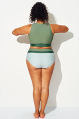 Plus Size Green Striped Patchwork Bikini Bottom