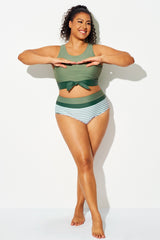 Plus Size Green Striped Patchwork Bikini Bottom