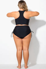 Black Drawstring Side High Waisted Bikini Bottom