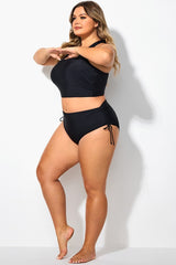 Black Drawstring Side High Waisted Bikini Bottom