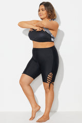 Lace Up Side Black Mid Waist Swim Shorts