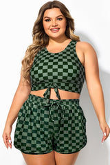 Plus Size Green Check Knotted Crop Bikini Top