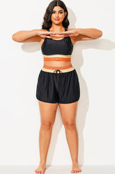 Plus Size Black Colorblock Mid Waist Women Shorts