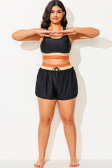 Plus Size Black Colorblock Mid Waist Women Shorts