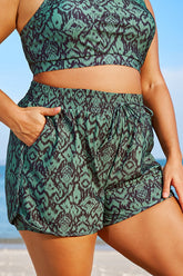 Green Ikat Print Mid Waist Women Shorts