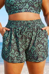 Green Ikat Print Mid Waist Women Shorts
