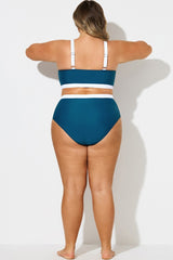 Blue & White Colorblock High Waist Bikini Bottom