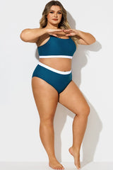 Blue & White Colorblock High Waist Bikini Bottom