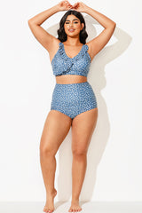 Elegant Blue Floral High Waist Bikini Bottom for Lady