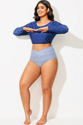 Blue & White High Waist Wave Print Bikini Bottom
