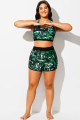 Green Leaf Print Women Swimsuits Boy Shorts