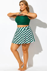 Green Striped High Waisted Bikini Slit Skirt