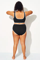 Black High Waist Bikini Bottom With White Trim