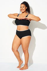 Black High Waist Bikini Bottom With White Trim