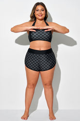 Black Check High Waist Swim Shorts
