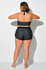 Black Check High Waist Swim Shorts
