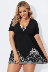 Black Elastic Waistband V-Neck Cover Up Dress