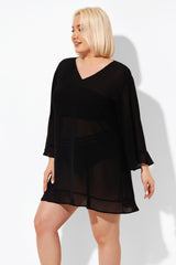Black Ruffle Hem V-neck Tunic Cover Up