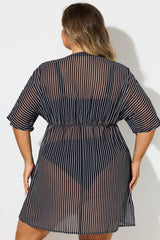 Plus Size Striped Tassel Tie Front Cover Up