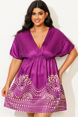 Purple Elastic Waistband V-Neck Cover Up Dress