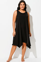 Solid Black Round Neck Sharktail Beach Cover Up