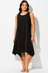 Solid Black Round Neck Sharktail Beach Cover Up