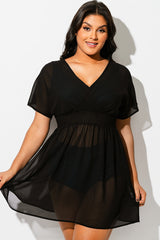 Black Mesh Smocked Waist Cover Up Dress