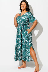 Green V-Neck Sleeves Maxi Cover Up Dress