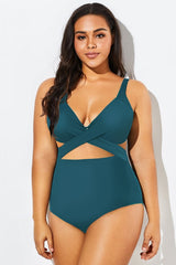 Green Modest Cut-out One Piece Swimsuit For Lady