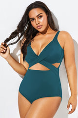 Green Modest Cut-out One Piece Swimsuit For Lady