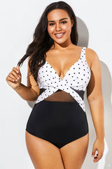 Elegant Dot Colorblock Mesh One Piece Swimsuit