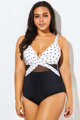 Elegant Dot Colorblock Mesh One Piece Swimsuit