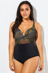 V-Neck Camouflage Print Mesh Underwired One Piece Swimsuit