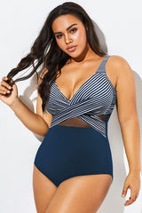 Striped Cut Out Mesh Underwire One Piece Swimsuit