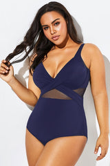 Blue Cut Out Mesh Underwire One Piece Swimsuit