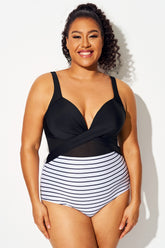 Striped Cut Out Mesh Underwire One Piece Swimsuit