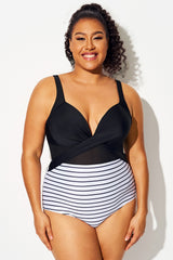 Striped Cut Out Mesh Underwire One Piece Swimsuit