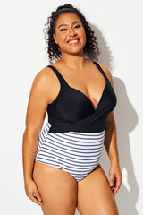 Striped Cut Out Mesh Underwire One Piece Swimsuit