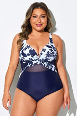 Blue Floral Cut Out Mesh Underwire One Piece Swimsuit