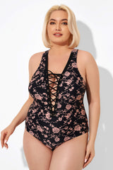Black Floral Printed Lace Up One Piece Swimsuit
