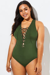 Green Lace Up One Piece Open Back Swimsuit