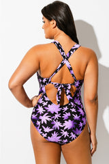 Floral Print Front Line Open Back One Piece Swimsuit