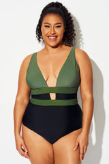 Green Colorblock Cut Out One Piece Swimsuit