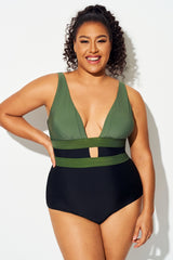 Green Colorblock Cut Out One Piece Swimsuit